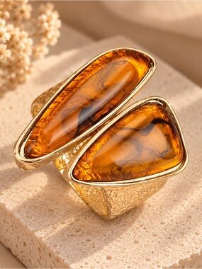 Gold Tone Amber Resin Statement Bracelet  | Adjustable Cocktail Bracelet | Sculp